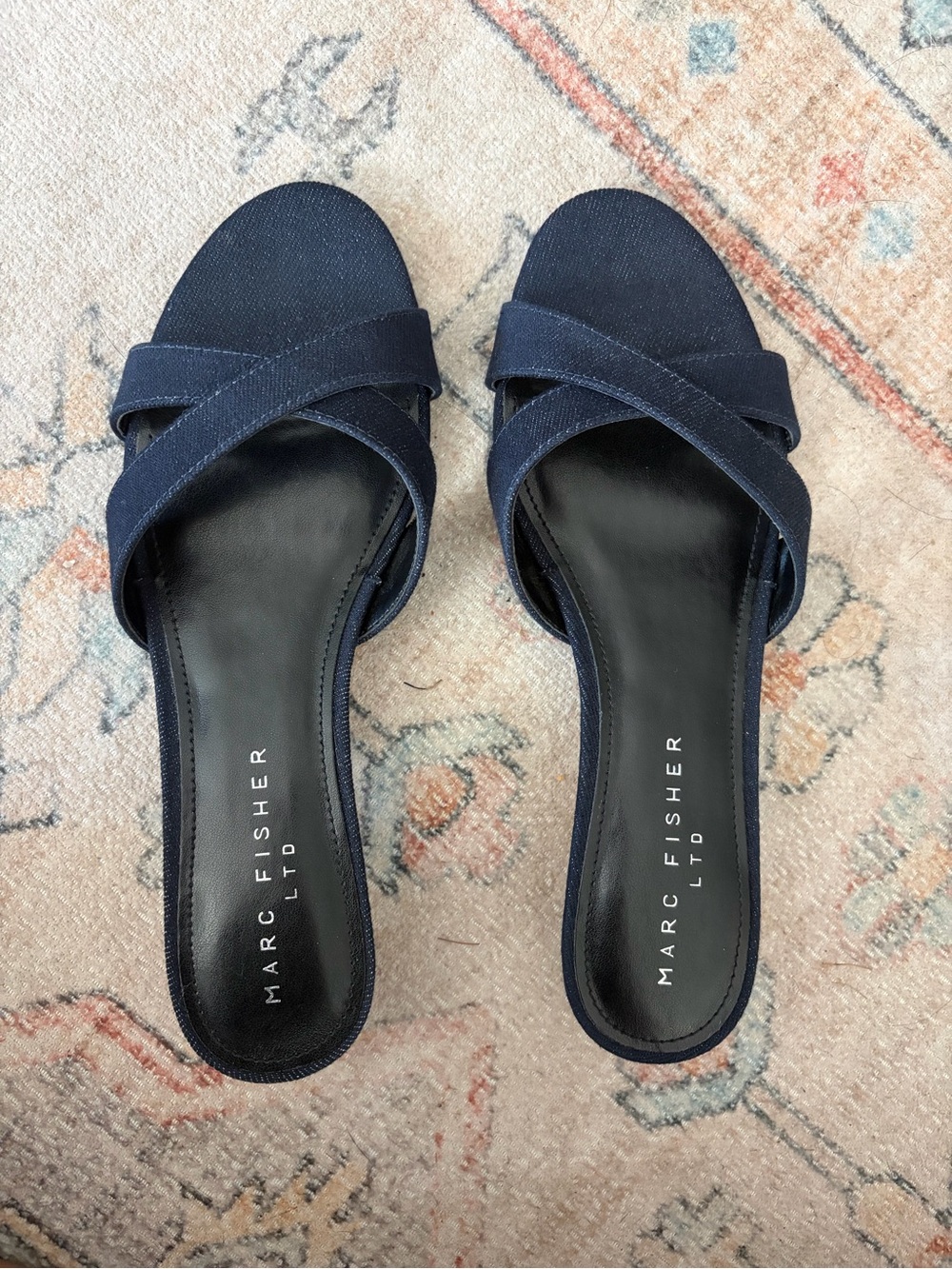 Marc Fisher Navy Cross-Band Slide Mules